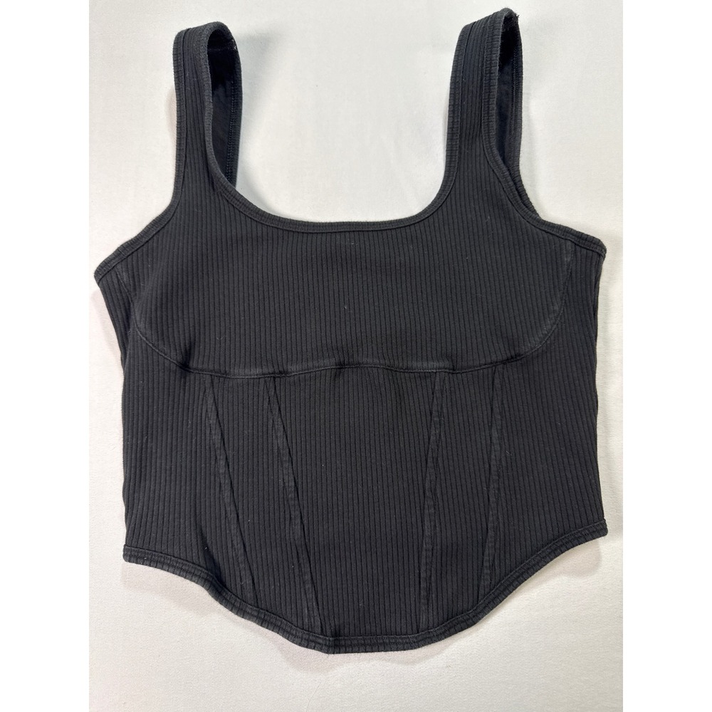 Victorias Secret PINK Black Ribbed Corset Bralette Top Square Neck Large